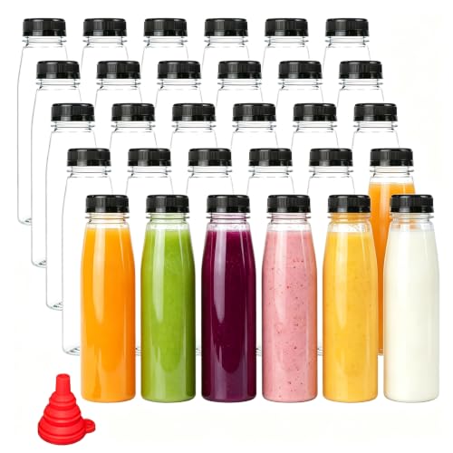 BPFY 30 Pack 10 oz Empty Plastic Juice Bottles with Caps Reusable Clear Beverage Containers with Black Tamper Evident Lids, Funnel, Plastic Smoothie Bottles for Juice, Milk, Water, Coffee