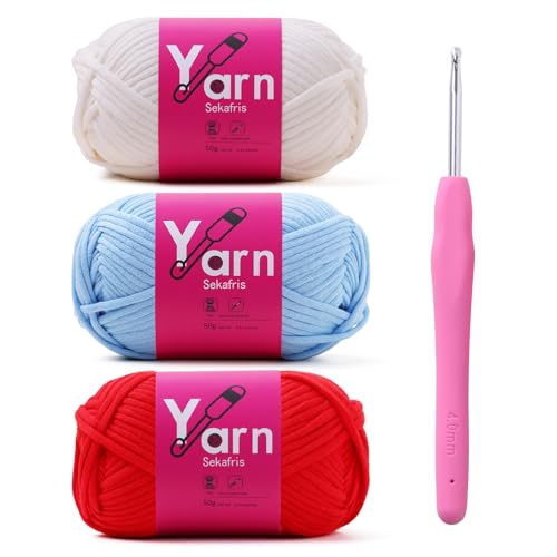 Image of Crochet Yarn with Cotton Yarn for Crocheting - Crochet Knitting Yarn for Beginners with Easy-to-See Stitches - Yarn for Crocheting - Chunky Yarn - Cotton Blend(Crimson+White+Pale Blue)