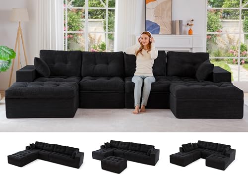 Image of MAXYOYO 132 inch U Shaped Modular Sectional Sofa with 2 Ottomans, Cloud Boneless Couch with Layered Cushion, Flexible Module Combination Sofa for Living Room, No Assembly Required, Black