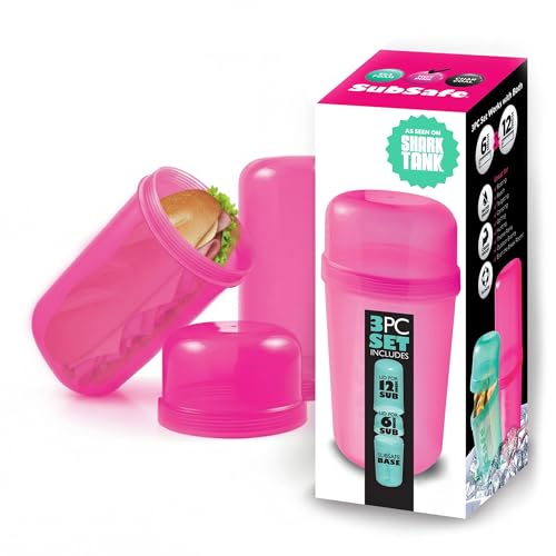 SubSafe 3-Piece Sub Sandwich Container, Hot Pink - As Seen on Shark Tank - Waterproof, Crushproof, BPA-Free Food Storage that Floats - Fits 6 & 12 in Subs - Great for Travel, Beach, Camping
