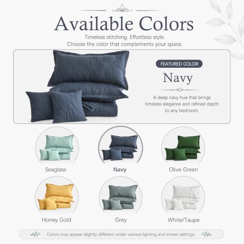 Image of HZ & HY Botanical Oversized Queen Bedspread, Stitched Leaf Quilt Set Queen Size, Lightweight Reversible Coverlet, Tailored Edge - Modern Botanical Look, 5 Piece, Navy