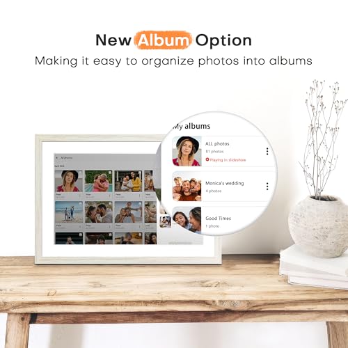 Image of Frameo 10.1 Inch WiFi Digital Picture Frame, Frameo Digital Frame WiFi 32GB | 1280x800 HD Touch Screen, Instant Sharing Electronic Photo Frame, Auto-Rotate, Wall Mountable, Mom Gifts, White Woodgrain