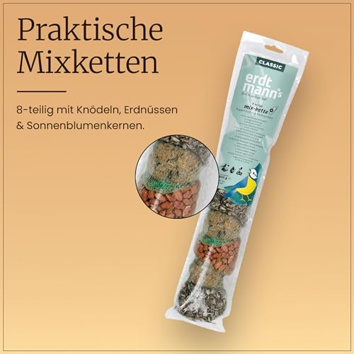 Erdtmanns 12 Mixketten für Wildvögel – je 8-teilig mit Meisenknödeln, Erdnüssen & Sonnenblumenkernen – energiereiches Vogelfutter für Garten & Balkon – Ganzjahresfutter zum Aufhängen