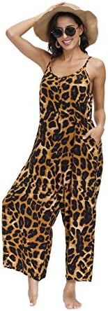 BUENOS NINOS Women's V Neck Floral Maxi Dress Boho Printed Adjustable Spaghetti Strap Ethnic Beach Long Dress with Pockets L Wild Leopard Jumpsuit