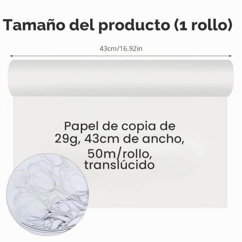Miniatura 2 de Otymiow Rollo Papel De Calco Dibujo 43 Cm 50 M Transparente Translúcido De 29 G M Papel De Boceto Rollo De Papelcalco Para Plantillas De Modista Para Bocetos Y Calcos, Confección Y Costura