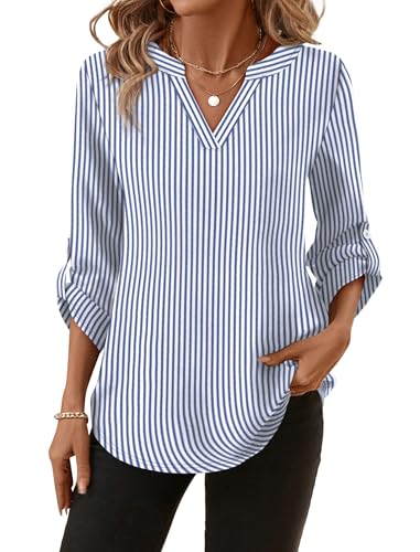 WIHOLL Womens V Neck 3/4 Long Sleeve Work Tops Dressy Casual Blouses Curve Hem Tunic Shirts Fall Outfits 20254