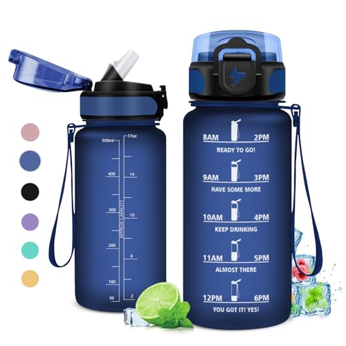 KollyKolla Botella Agua Niños 500ml, Cantimplora con Pajita, Botella Agua Motivadora, Prueba de Fugas, Cantimplora para Niños, Adulto, Colegio, Gimnasio, Oficina, Bicicleta, Gym, Fitness