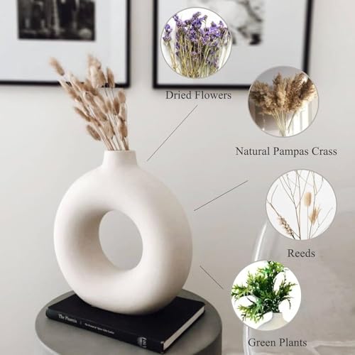 Image of White Donut Vase Hollow Ceramic Vase for Flowers Handmade Minimalist Style Modern Home Decor Round Shape Table Party Living Room Office Bedroom (8 Inch X-Large)