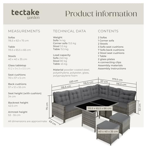 TecTake Rattan Garden Furniture Set - 8 Seater Garden Rattan Furniture Set Including an Outdoor Sofa, 2 Stools, Table, Cushions, Assembly Clamps and Instructions - grey/beige - Image 7