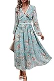 Women's Spring Wrap Maxi Dress Floral V Neck Long Sleeve Wedding Guest Party Casual Chiffon Dress Lake Blue M