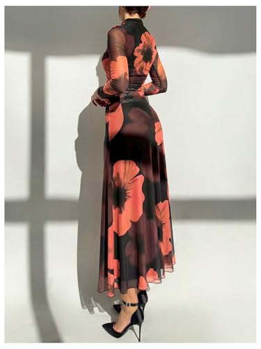 Image of Verdusa Women's Floral Wedding Guest Dress Long Sleeve Mesh Slimming Cocktail Vacation Maxi Dresses