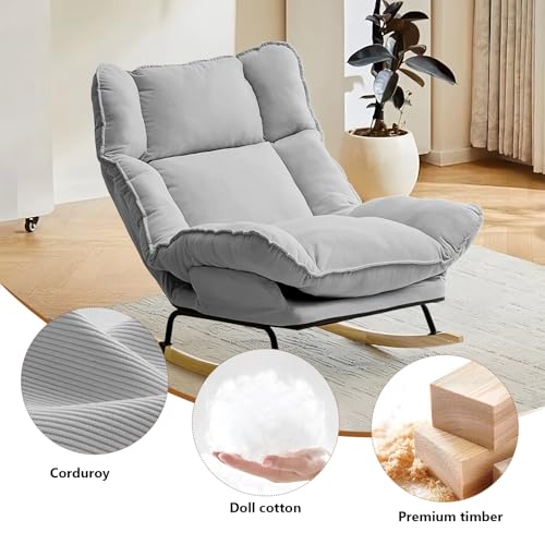 Image of Rocking Chair with Adjustable High Backrest, Extra-Wide Upholstered Glider Rocker, Comfy Corduroy Accent Chair for Living Room Bedroom