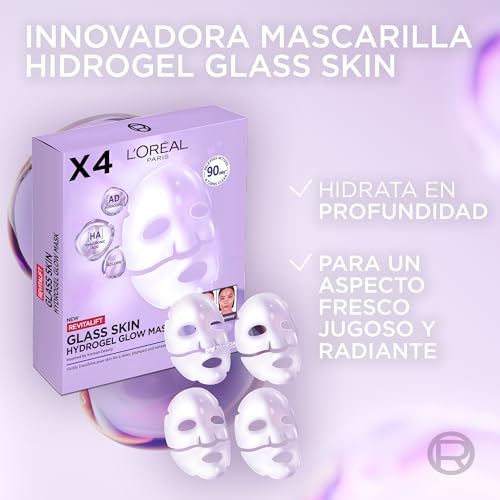 L'Oréal Paris Revitalift Filler Glass Skin Mascarilla Facial Hidrogel Iluminadora, Piel Jugosa y Radiante. Tratamiento rellenador, Ácido Hialurónico, Glicerina, Extracto Centella Asiática, Pack de 4 - imagen 3