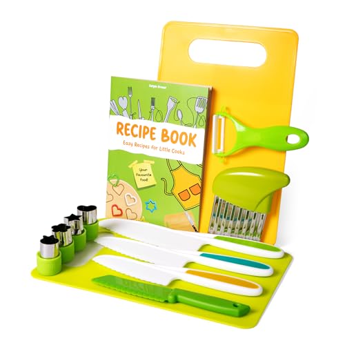 Bargain Browser 13 PCS Kids Knife Set for Chopping & Free Recipe Book (Banana Penguin, Watermelon Fries, Puff Pizza), Kids Safe Knives with Crinkle Cutter/Chopping Board/Cookie Cutter, Kids Toys