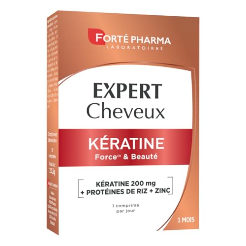 Forté Pharma - Expert Cheveux Kératine 200mg - Force & Beauté du cheveu - Cheveux fragiles - Complement alimentaire cheveux - Zinc, Protéines de riz - Protection stress oxydatif - 30 comprimés, 1/jour