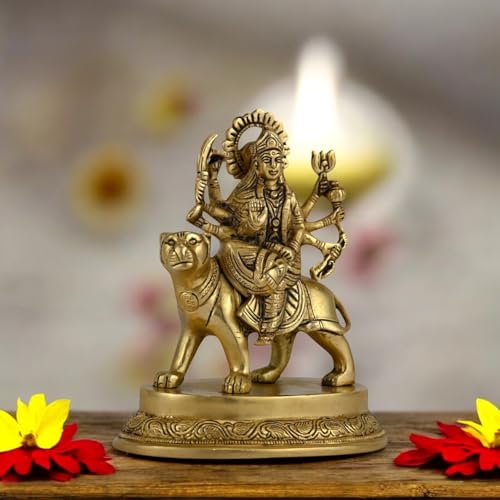 Image of SHANTI Brass Durga MATA Idol /Murti for Puja Room, Home, Office Height:- 6 Inche (DU2683)