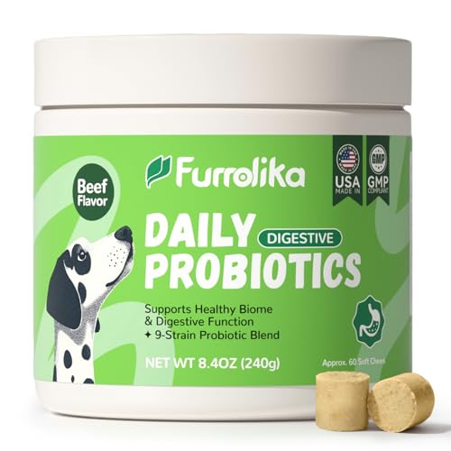 Furrolika Probiotics for Dogs – Made in The USA – Digestive Probiotics for Gut Health, Immune Support & Diarrhea Relief – Beef Flavor – 60 Soft Chews