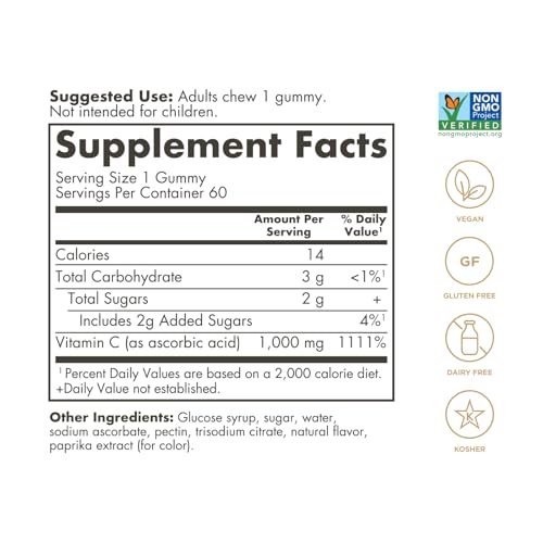Solgar Vitamin C Gummies for Adults, 60 Vegetarian and Gluten Free Gummies | 1,000mg, Ultra Potency Vitamin C Immune System Support, Tasty Tart Orange Flavor - image 2