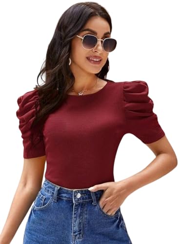 Image of POPWINGS Casual Solid Puff Short Sleeves Round Neck Top for Women |) Stylish Western Tops for Women || Summer Women Top