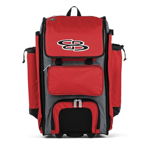 Boombah Rolling Catcher's Superpack Baseball/Softball Gear Bag - 23-1/2" x 13-1/2" x 9-1/2" - BM-9124C23 Gray/Red - Telescopic Handle - Holds 4 Bats - Wheeled Version