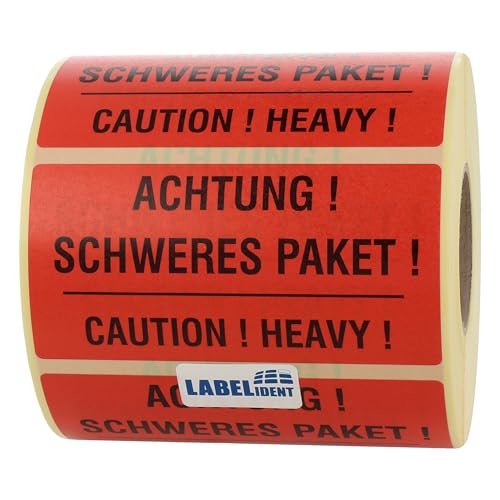 Warnetiketten 100 x 50 mm - Paket Aufkleber Achtung! Schweres Paket! Caution! Heavy! - 1.000 Versandaufkleber auf 1 Rolle(n), Papier selbstklebend