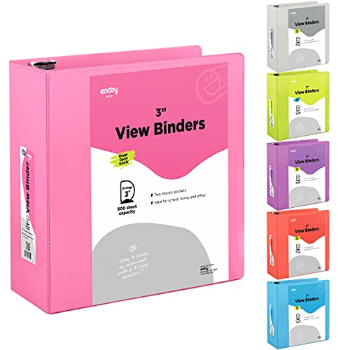 3 Inch 3 Ring Binder Pink, Slant D-Ring 3” Clear View Cover with 2 Inside Pockets, Heavy Duty Colored School Supplies Office and Home Binders – by Enday