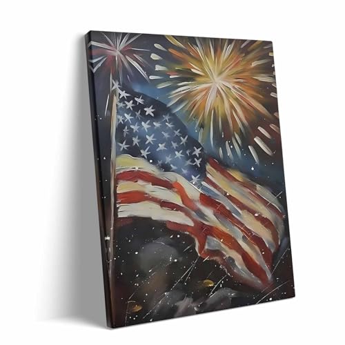Image of 4 of July Canvas Wall Art, Fireworks and American Flag Painting, Patriotic Night Scene Poster Print, Memorial Day Independence Celebration Framed Artwork for Living Room and Office Decor 24x30inch