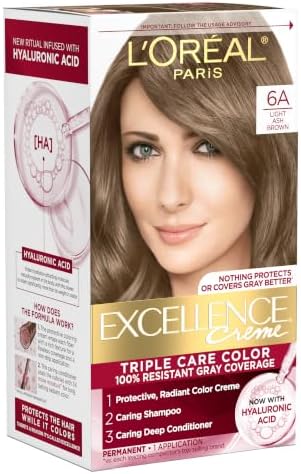 L'Oreal Paris Excellence Crème Permanent Hair Dye, Triple Care Hair Color with Hyaluronic Acid for 100% Gray Coverage, 6A Light Ash Brown, 1 Kit (Packaging May Vary)