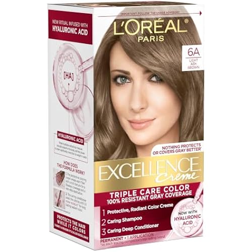 L'Oreal Paris Excellence Crème Permanent Hair Dye, Triple Care Hair Color with Hyaluronic Acid for 100% Gray Coverage, 6A Light Ash Brown, 1 Kit (Packaging May Vary)