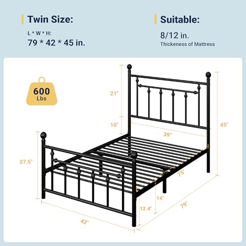 Image of Allewie 14'' Twin Size Metal Platform Bed Frame, Vintage Headboard, Black