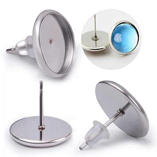 Bronagrand 50 Pieces Stainless Steel Stud Silver Earring Cabochon Setting Post Cup For 10Mm And 50 Pieces Clear Rubber Earring Safety Backs #TOP4