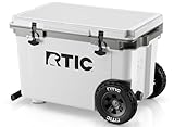 RTIC 52 Quart Ultra-Light Wheeled Hard Cooler Insulated Portable Ice Chest Box for Beach, Drink, Camping, Picnic, Fishing, Boat, Barbecue, 30% Lighter Than Rotomolded Coolers, White & Grey