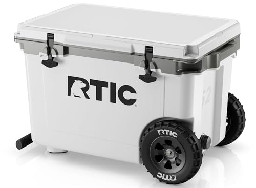 RTIC 52 Quart Ultra-Light Wheeled Hard Cooler Insulated Portable Ice Chest Box for Beach, Drink, Camping, Picnic, Fishing, Boat, Barbecue, 30% Lighter Than Rotomolded Coolers, White & Grey