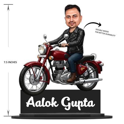 Image of Taxton Custom Bike Rider Caricature Personalized Wooden Bike Photo Frame for Men | 7.5 Inch Durable Double Wood Print with Acrylic Name Plate (Red)