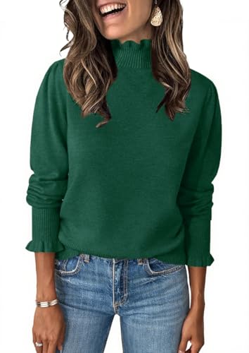 Image of Womens Ruffle Mock Neck Sweater Puff Long Sleeve Fall Trendy Pullover Tops | Fall Winter Clothes, Soft, Business Casual Outfits, Trendy Fashion, Knitted Shirts