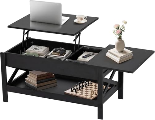 Vendricasa Table Basse, Table de Salon avec Plateau Relevable, avec Rangement Ouvert et Compartiment Caché, Design X pour Salon et Bureau et salles de...