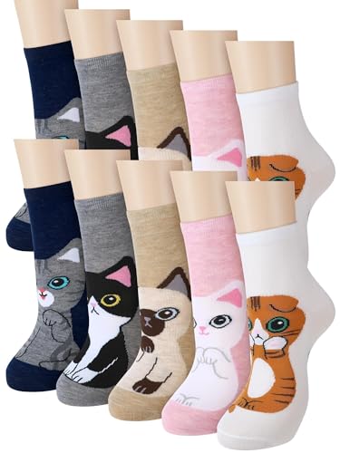 Fourluoo 5 Pairs Women Cat Socks Cute Cozy Funny Animal Patterned Fun Ankle Sock Novelty Dog Socks for Women Gift(Light color Multicolor Cat)