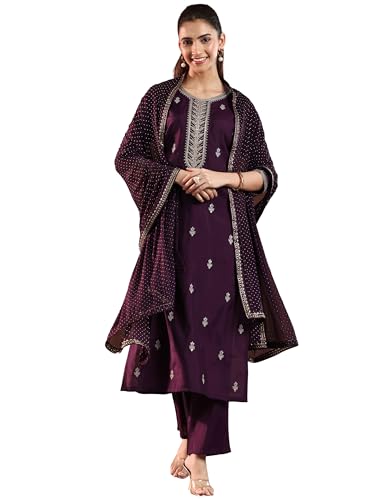 Image of Embroidered Silk Blend A-Line Kurta With Trouser and Dupatta