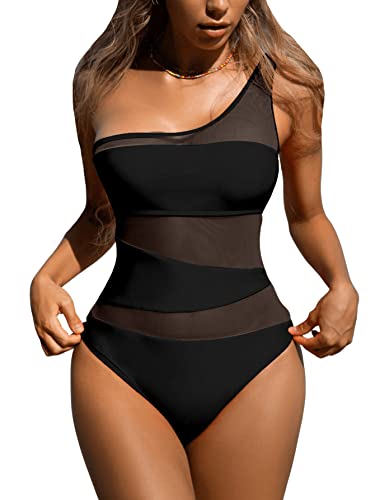 GORGLITTER Damen Mesh Badeanzug One Shoulder One Piece Swimwear Bügellos...