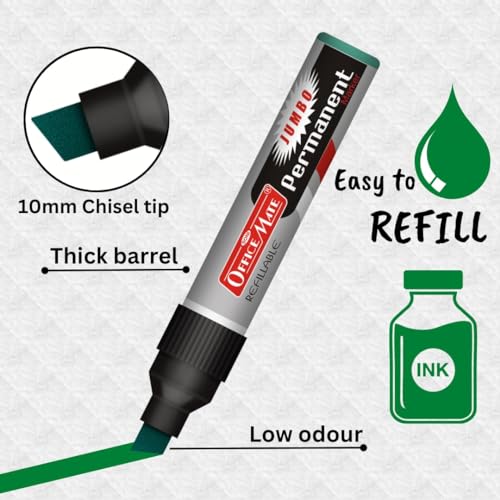 Image of Soni Officemate Jumbo Permanent Marker| Pack of 2 (Green) | Bold, Waterproof, Refillable | Low Odor, Non-Toxic | 10mm Chisel Tip | For Labeling, Signage & DIY