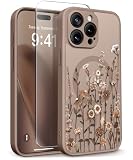 GVIEWIN for iPhone 15 Pro Case Compatible with MagSafe, [Military Grade Protection] [Screen Protector] Full Camera Protection Floral Translucent Women Magnetic Phone Case, Floratopia/Brown