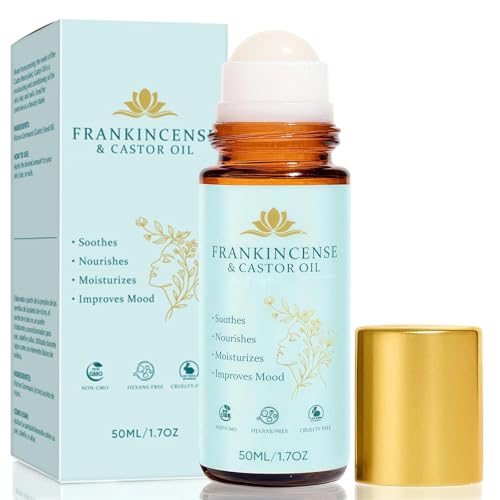 Frankincense and Castor Oil Roller, Castor Oil Roll On, Firms Smooths Skin, Brightens Eyes, Reduces Scars Stretch Marks, Organic, Cold-Pressed, Firms Skin, 50ML/1.7OZ