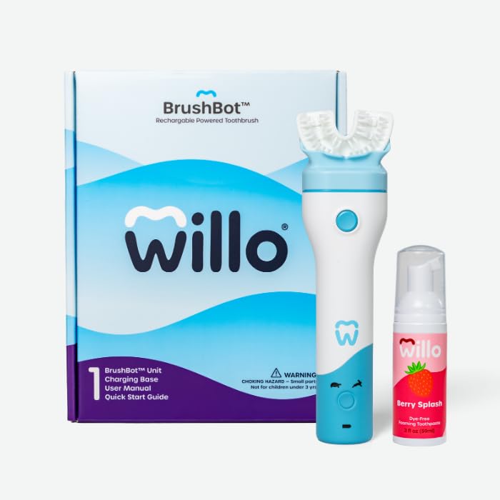 Willo BrushBot Kids U-Shaped Electric Toothbrush Starter Kit, Automatic, Rechargeable, with 2 Minute Timer, App Connectivity, Soft Bristles, Plaque Removal, Small Berry Fluoride and Dye-Free