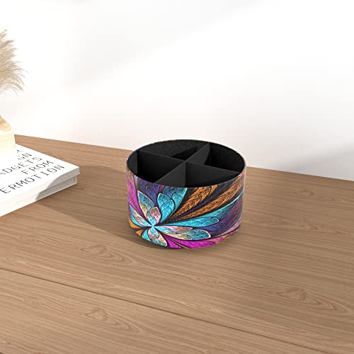 Hennaja Round Leather Art Supply Organizer,Remote Control Holder,360 Degree Rotating,Multi-Functional Pencil Holder,4 Compartments Desktop Stationary Organizer(1-Fractal Flower) #TOP5