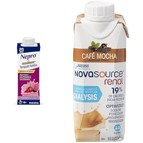Nepro Nutrition Shake for Dialysis Patients with 19g Protein, 420 Calories, Mixed Berry, 24 Count and NOVASOURCE Renal Formula for Dialysis Patients with 475 Calories, 22g Protein, Mocha, 24 Count Cover