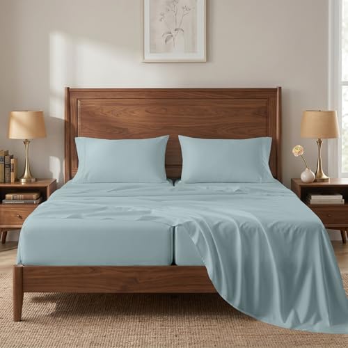 LANE LINEN 450 thread count cotton split king sheet set in French blue