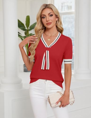 Image of Womens Knit Top Short Sleeve Sweater Work Summer Tops Cute Business Blouse | Lightweight Cute Bow Tie Sweater 2026 Chic V Neck Business Casual Outfits Tops