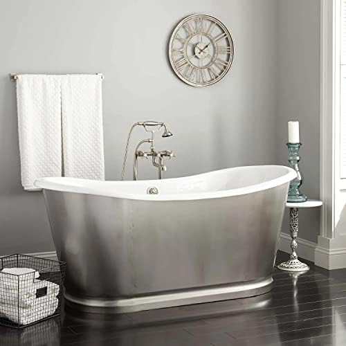 Signature Hardware 479799 Dorset 66" Cast Iron Soaking Double Slipper Freestanding Tub with Integrated Drain, Overflow and Rolled Rim - Stainless Steel/Brushed Nickel