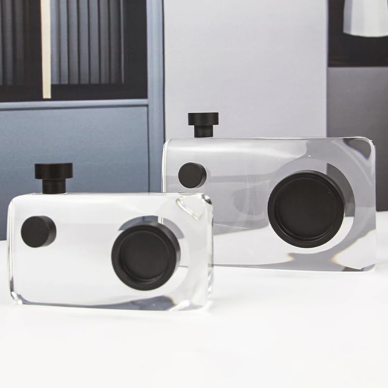 Miniatura 4 de Escultura de cámara pequeña de cristal negro, estatua de cámara en miniatura grabada transparente, decoración de arte moderno para el hogar y la