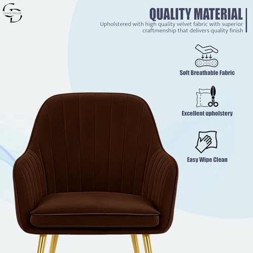 Image of Velvet Accent Chair with Matching Pouffe & Floral Cushion | Upholstered Lounge Armchair with Gold Metal Legs for Living Room, Bedroom, Office & Guest Room (Dark Brown)